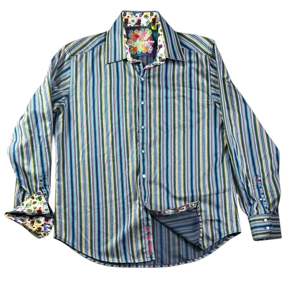 Robert Graham Shirt Men Blue Abstract Striped Button Down Geometric Flip Cuff M